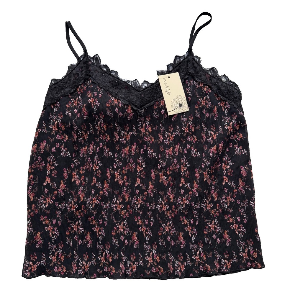 Everleigh Crinkle Black Floral Lace Trim‎ Cami Tank Top Blouse NEW Small